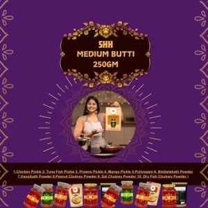 VEG - Medium  Butti(250 gm) 10 Items  Combo Pack  ...... ( 1.Mango Pickle 2.  Puliyogare 3. Bisibelebath Powder  4. Vangibath Powder 5. Peanut Chutney Powder 6. Dry Coconut Chutney Powder  7. Dal Chutney Powder 8. Mushrooms -1 Pack   9. Besan Unde   10. Antina Unde )